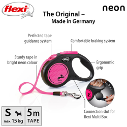 Flexi New Neon Tape juostinis, rožinis pavadėlis šunims, S, 5 m
