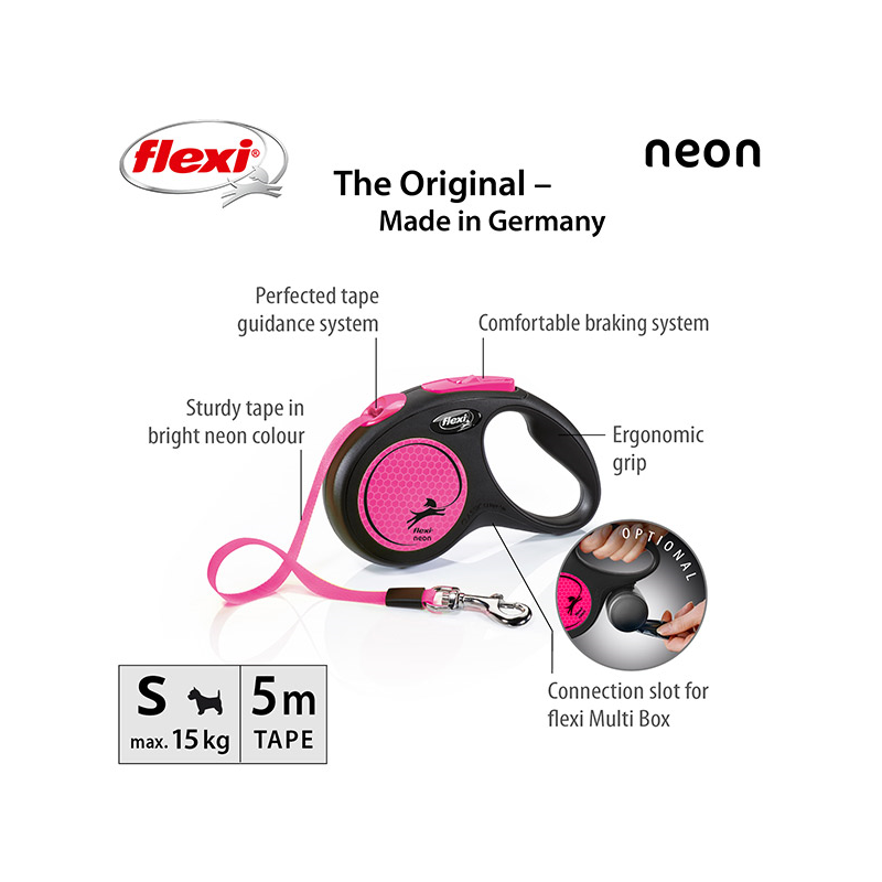 Flexi New Neon Tape juostinis, rožinis pavadėlis šunims, S, 5 m