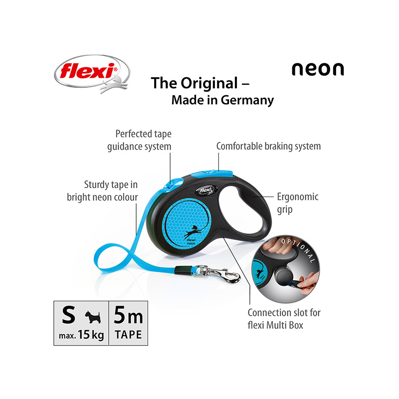 Flexi New Neon Tape juostinis, mėlynas pavadėlis šunims, S, 5 m