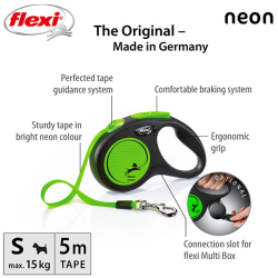 Flexi New Neon Tape juostinis, žalias pavadėlis šunims, S, 5 m