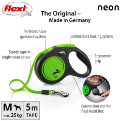 Flexi New Neon Tape juostinis, žalias pavadėlis šunims, M, 5 m