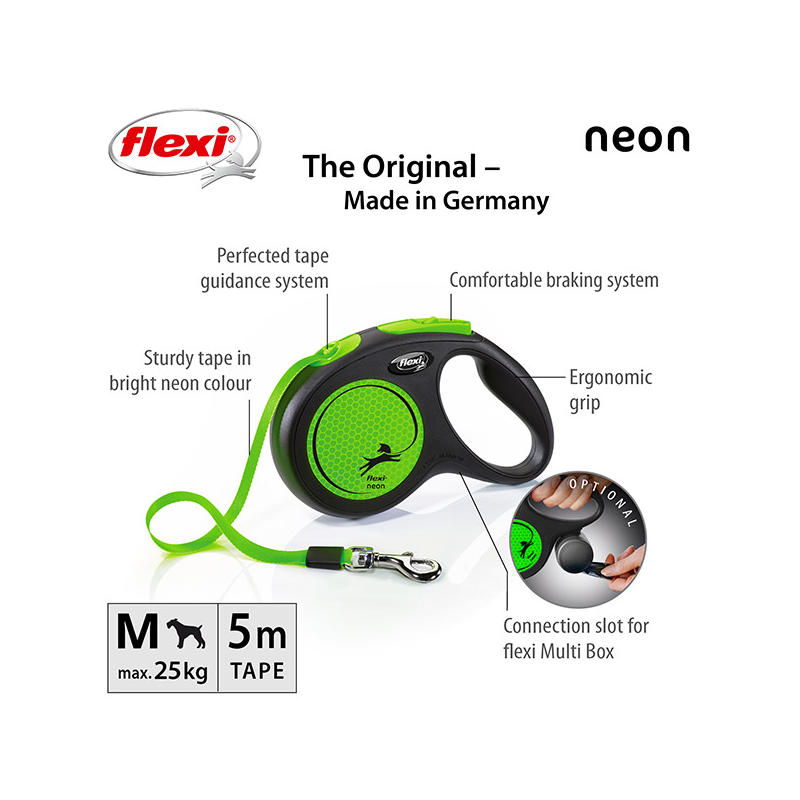 Flexi New Neon Tape juostinis, žalias pavadėlis šunims, M, 5 m