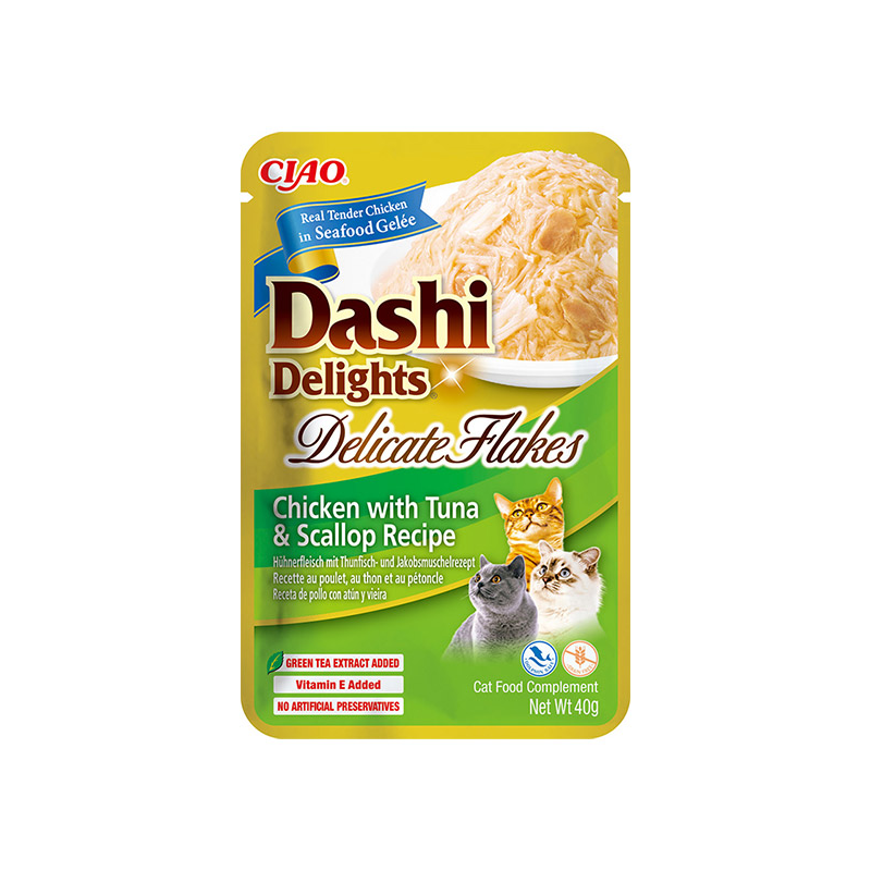 Ciao Dashi Delights vištienos dribsniai su tunu ir šukutėmis katėms, 40 g