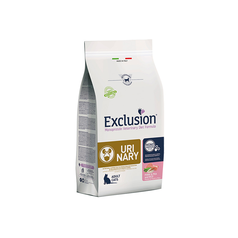 Exclusion Urinary sausas maistas katėms su kiauliena, žirniais, ryžiais, 1,5 kg