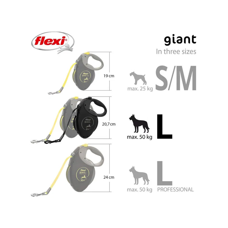 Flexi Black Design Giant juostinis, juodas pavadėlis šunims, L, 8 m