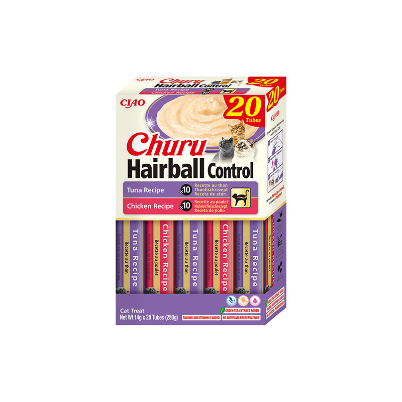 Churu Hairball kreminis skanėstas su vištiena ir tunu katėms, 20 vnt.