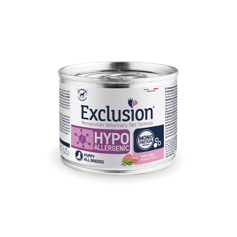 Exclusion Hypoallergenic konservai šuniukams su kiauliena ir žirniais, 200 g
