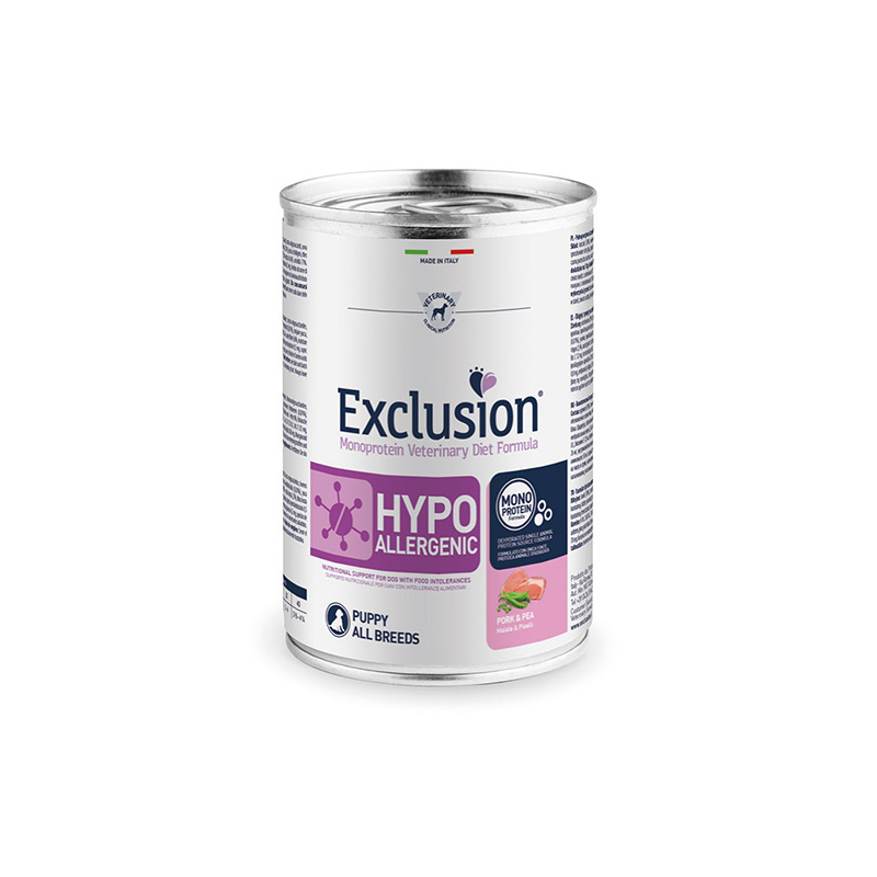 Exclusion Hypoallergenic konservai šuniukams su kiauliena ir žirniais, 400 g