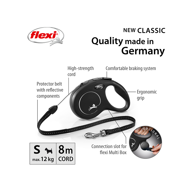 Flexi New Classic virvinis, juodas pavadėlis šunims, S, 8 m