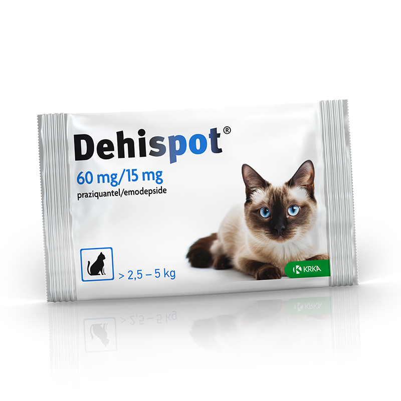 Dehispot užlašinamasis tirpalas nuo kirminų ir kaspinuočių vidutinėms katėms, 60 mg/15 mg