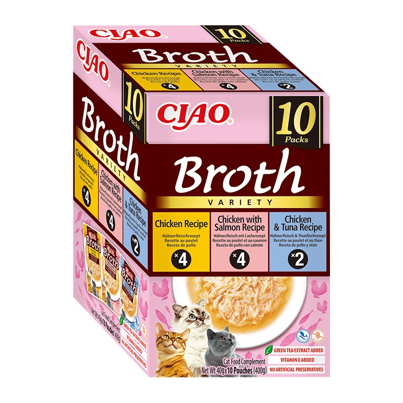 Ciao Broth vištienos sultinys su lašiša ir tunu skanėstas katėms, 10x40 g