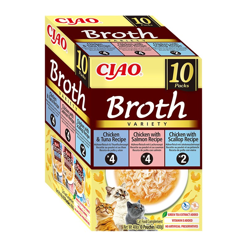 Ciao Broth vištienos sultinys su lašiša, tunu ir šukutėmis skanėstas katėms, 10x40 g