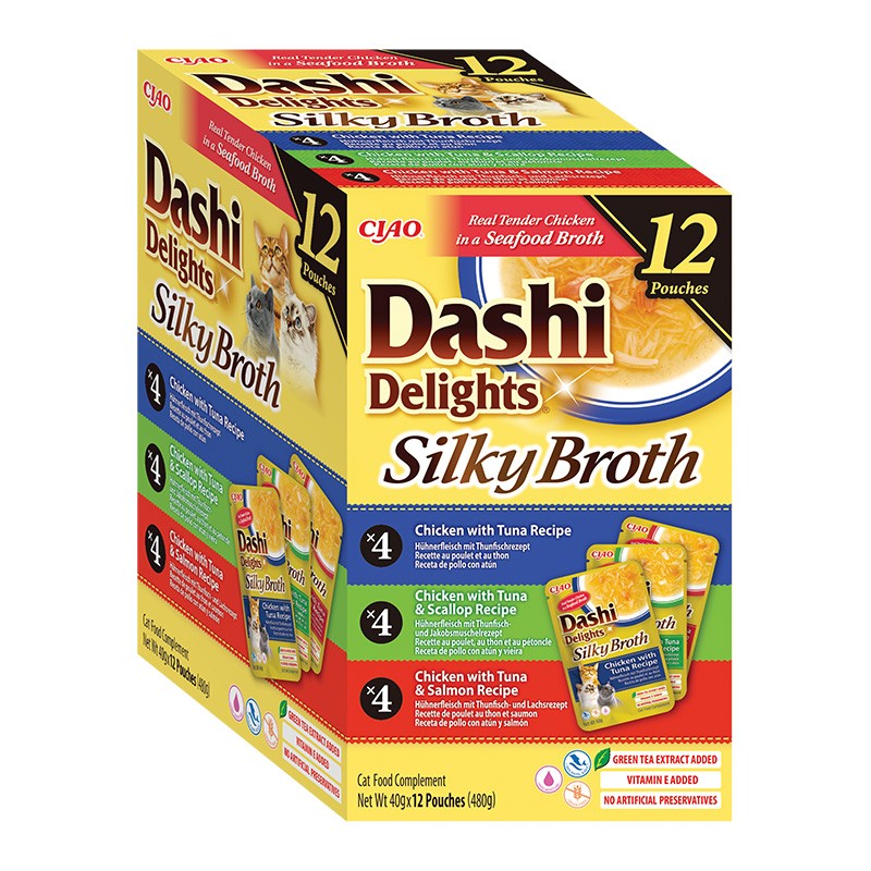 Ciao Dashi Delights šilkinis vištienos sultinys su tunu ir šukutėmis, lašiša, 12 vnt.
